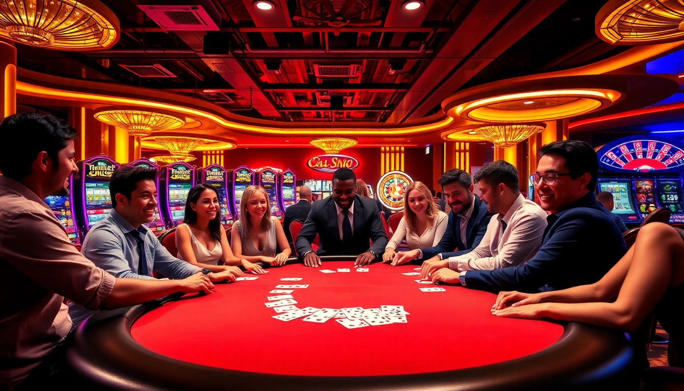 Players enjoy an exciting poker game at a casino table, capturing a thrilling moment with 6slots8 com in the background.