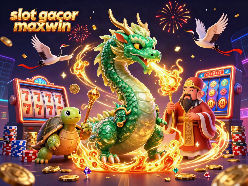 Slot gacor maxwin menampilkan naga giok besar dan simbol keberuntungan di kasino digital.