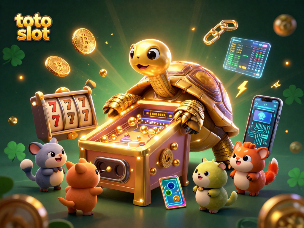 Experience vibrant toto slot action with a colossal golden tortoise pinball and excited animals.