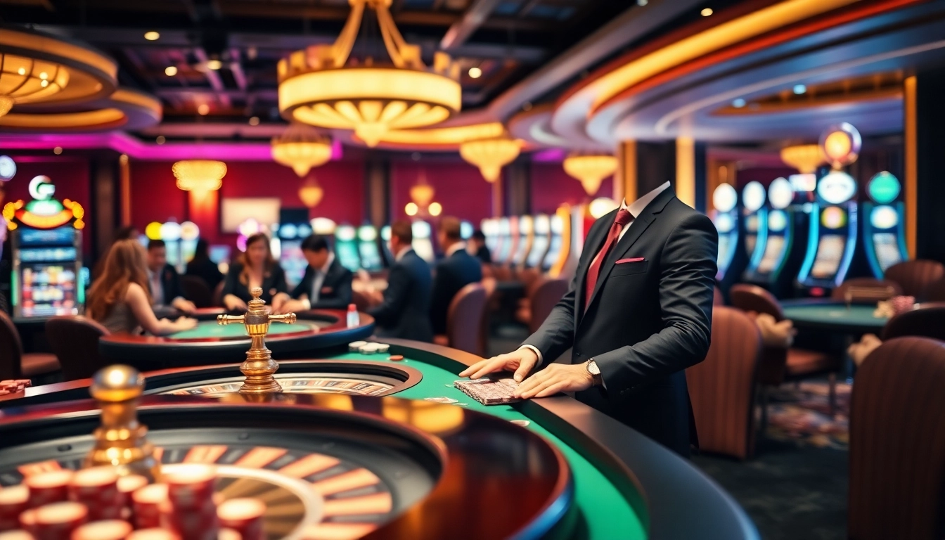 Engaging casino scene with players at roulette and poker, highlighting excitement and luxury.