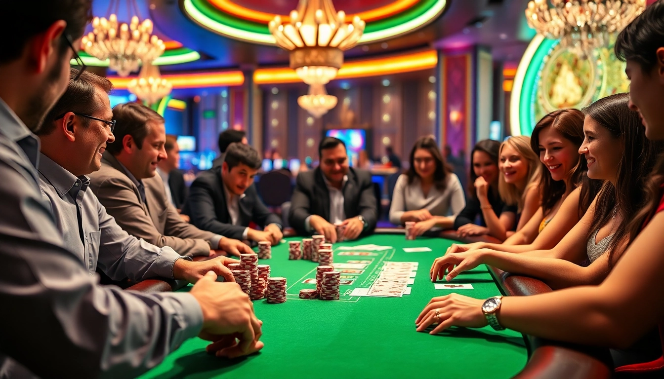Engaged players enjoying a thrilling moment at a Blackjack Casino table surrounded by excitement.