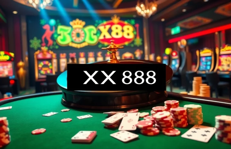 Experience the thrill of gambling at XX88 with vibrant tables, cards, and betting slips.