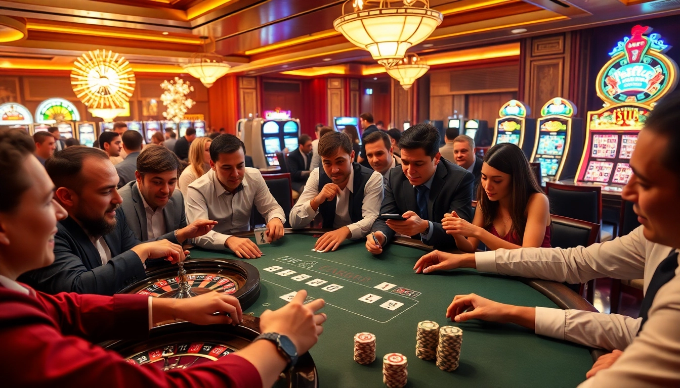 Players enjoying high-stakes blackjack at jun888 casino, with poker chips and a roulette wheel enhancing excitement.