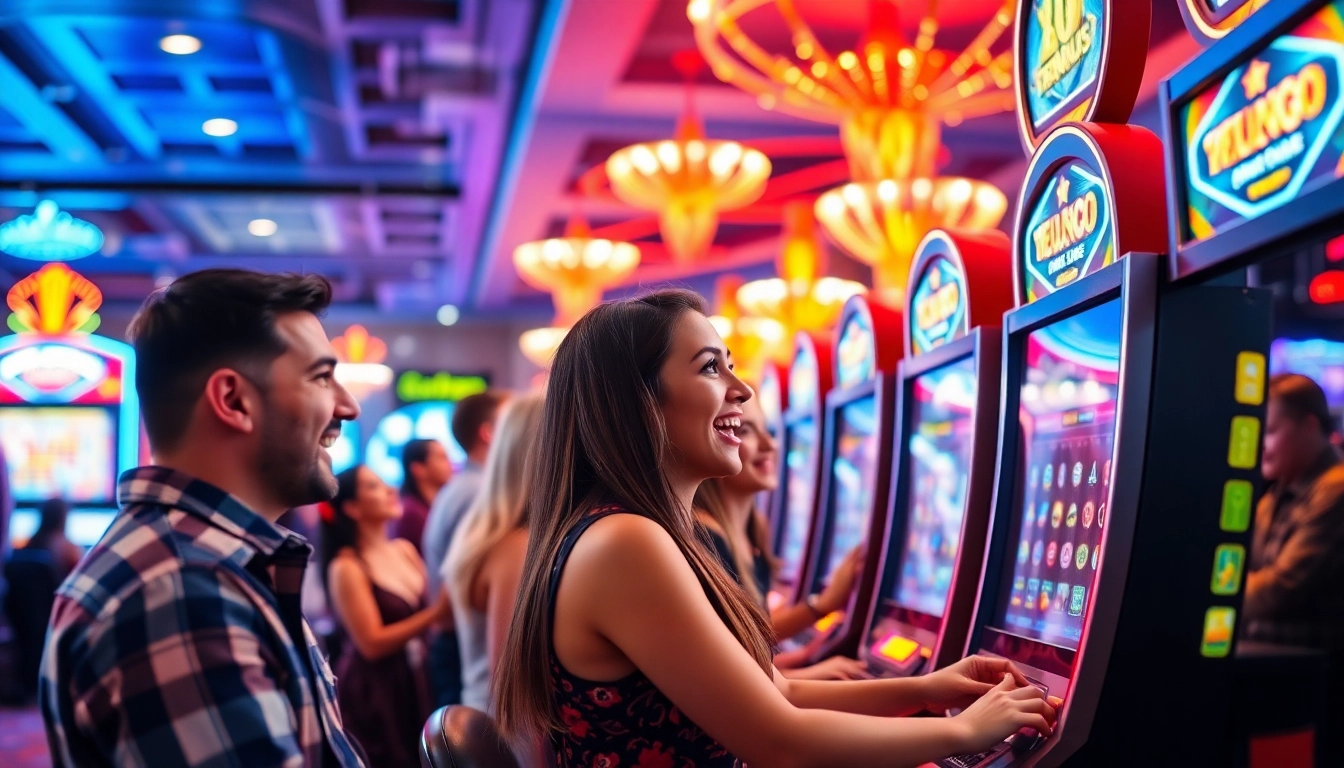 Slot Game menarik dengan pemain yang bersemangat di kasino cerah dan penuh warna.