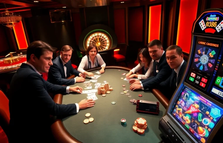 Players enjoy a thrilling poker game at the casino, embracing the excitement of OK8386 with vibrant chips and cards.