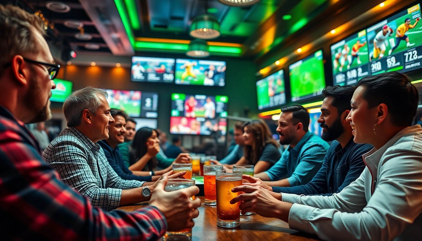Engaging scene of Sports Betting enthusiasts focused on live games and betting activities.