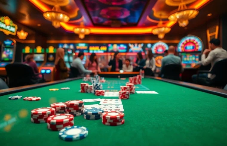 Exciting scene of betting at Nhà Cái Ga888 casino, showcasing poker chips and cards.