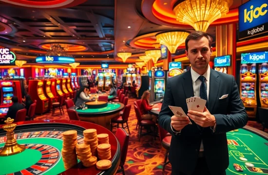 Exciting casino scene with kjc global branding, showcasing poker games and slot machines.