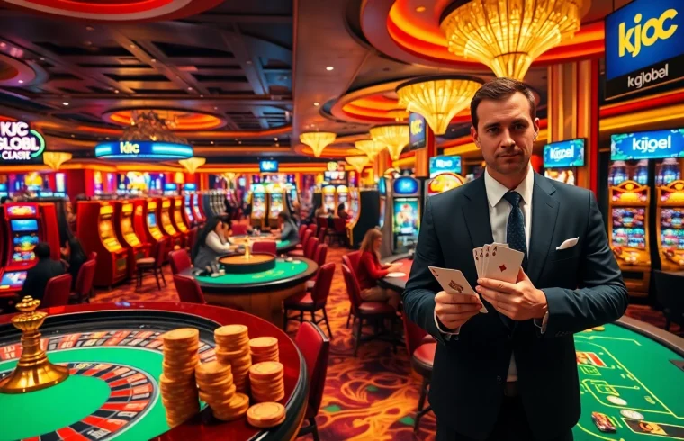 Exciting casino scene with kjc global branding, showcasing poker games and slot machines.