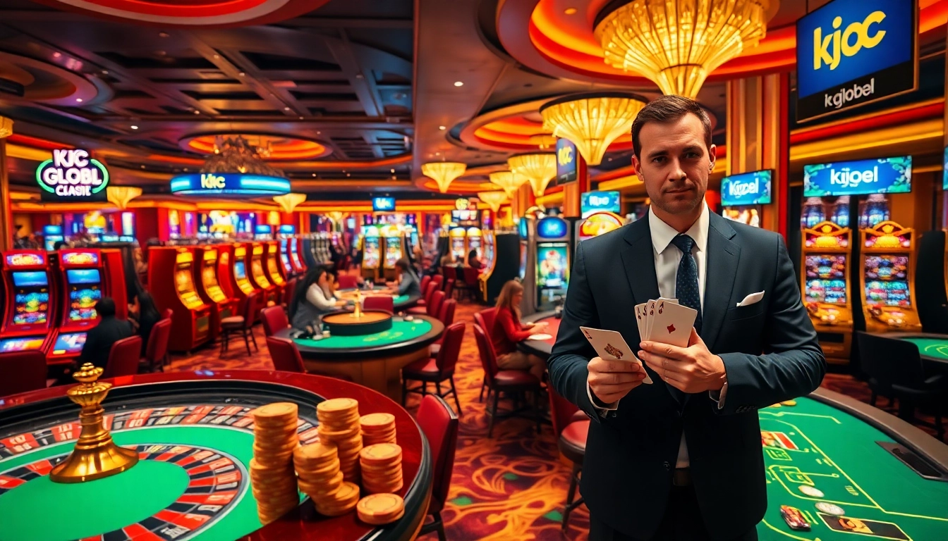 Exciting casino scene with kjc global branding, showcasing poker games and slot machines.