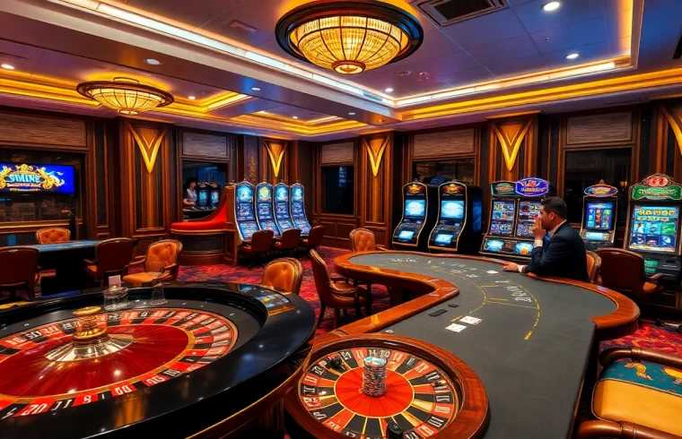 Join the thrill at QQ88z Net with players enjoying luxury casino games amidst vibrant slot machines and elegant tables.