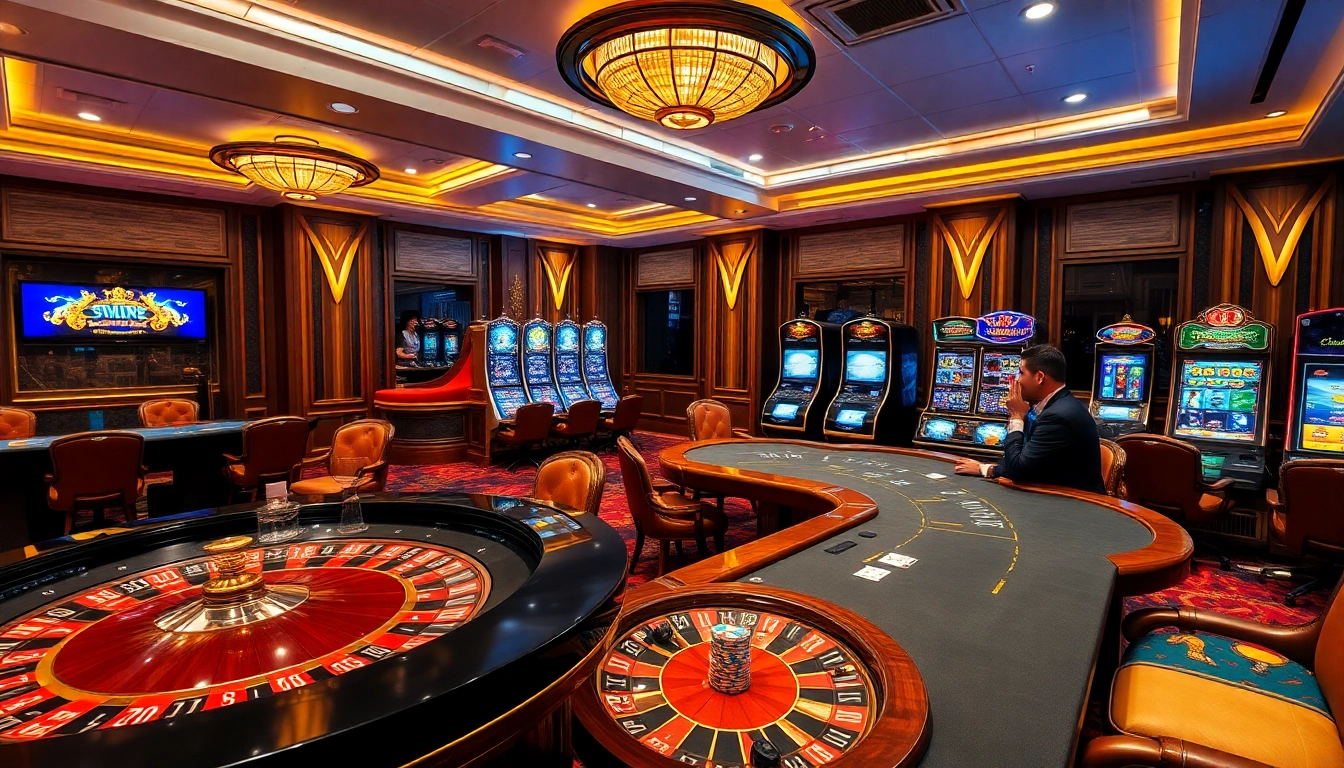 Join the thrill at QQ88z Net with players enjoying luxury casino games amidst vibrant slot machines and elegant tables.