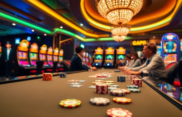 Exciting casino atmosphere at Hi888 with poker chips and vibrant slot machines.