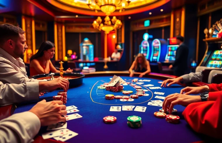 A dynamic casino scene showcasing players at a poker table, with KJC COM highlighting premium gambling excitement.
