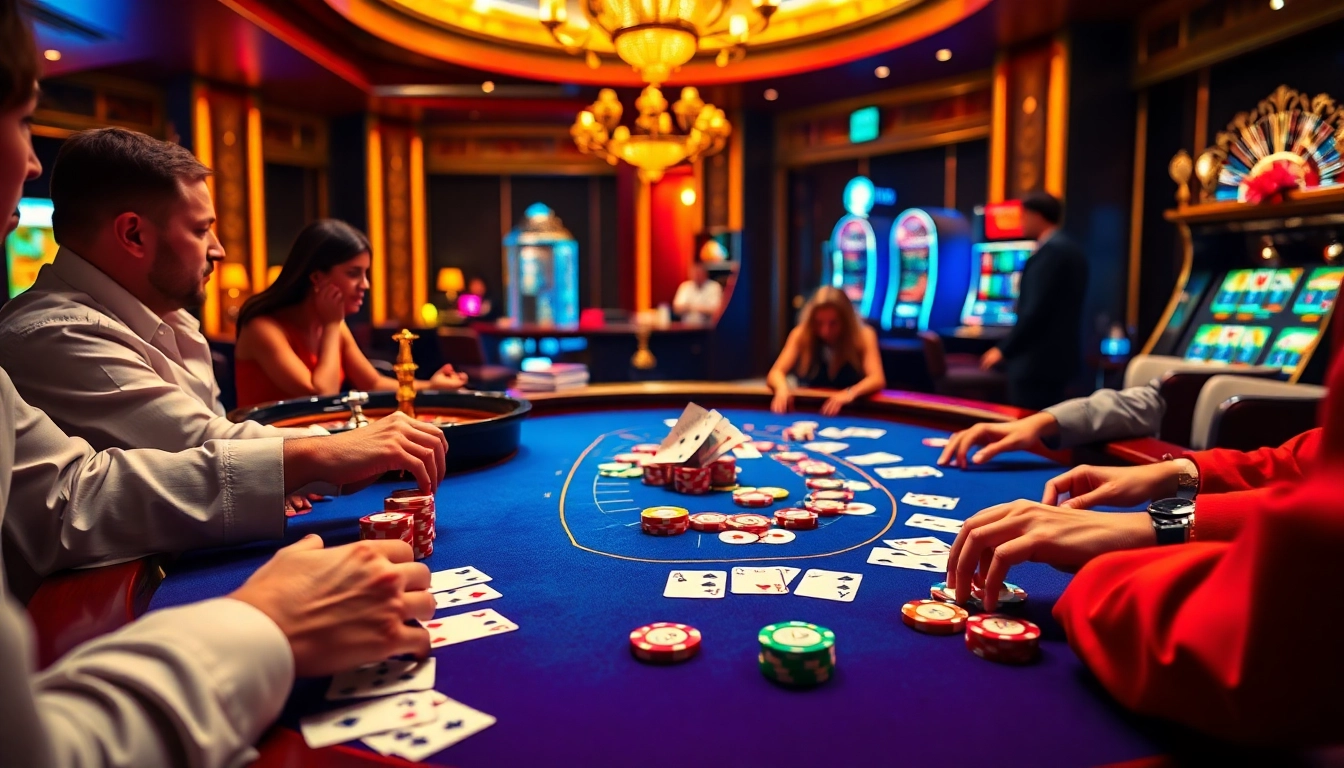 A dynamic casino scene showcasing players at a poker table, with KJC COM highlighting premium gambling excitement.