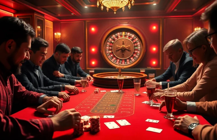 Engage in a thrilling poker game at 789win's luxurious casino with vibrant chips and cards.