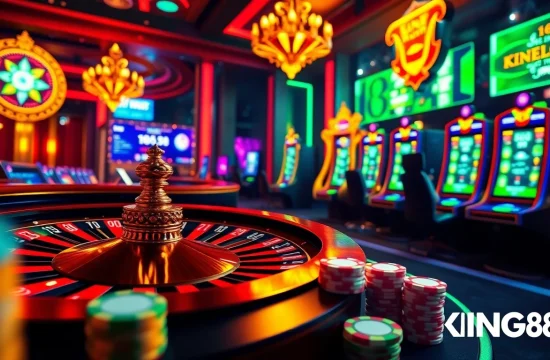 Engaging scene showcasing the thrill of online gambling at link KING88 with vibrant casino elements.