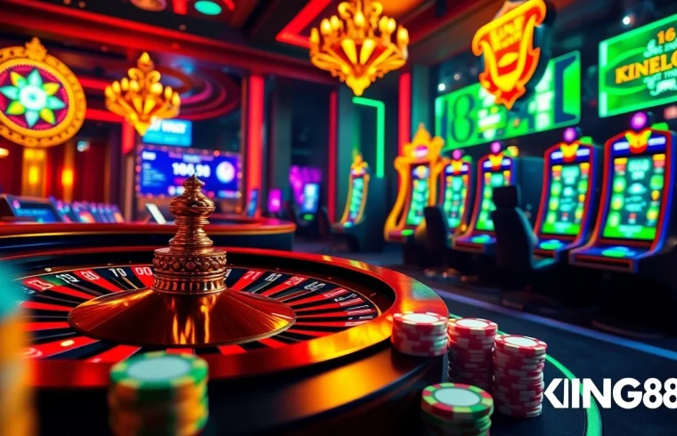 Engaging scene showcasing the thrill of online gambling at link KING88 with vibrant casino elements.