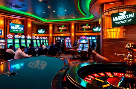 Engaging gamblers at MM88COM with lively casino tables and vibrant slot machines.
