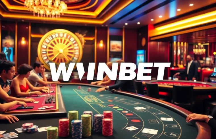 WINBET casino scene with players at tables and a roulette wheel, embodying excitement and luxury.