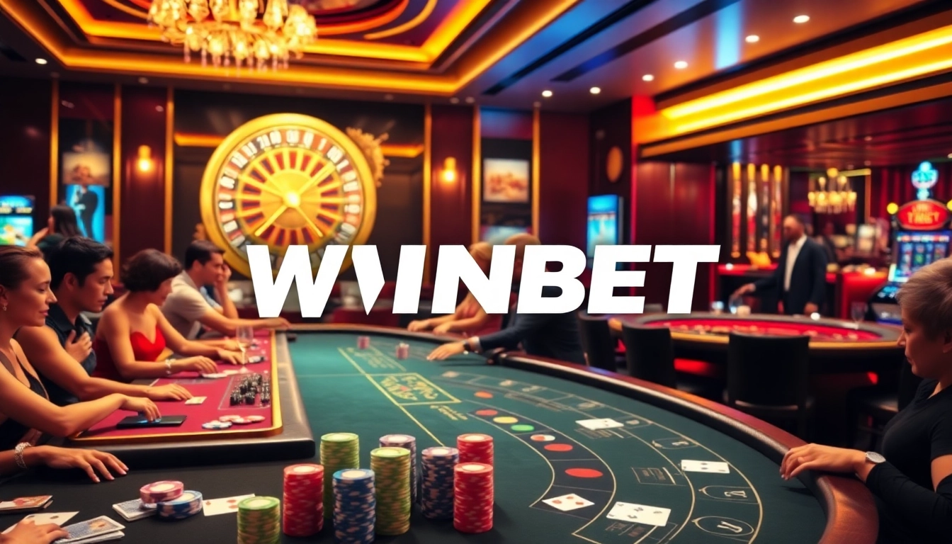 WINBET casino scene with players at tables and a roulette wheel, embodying excitement and luxury.