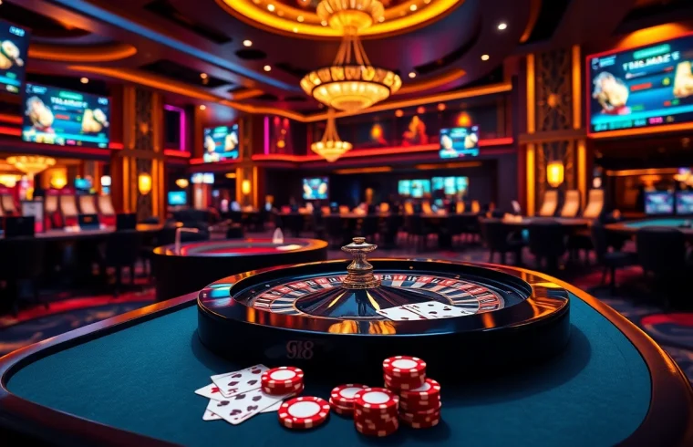 Exciting GG 88 online casino scene featuring poker chips, cards, and roulette wheel in luxurious setting.