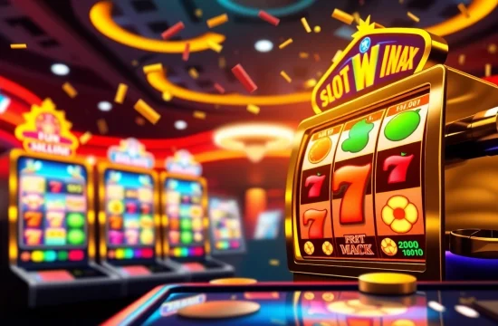 Menggambarkan pengalaman bermain slot maxwin dengan mesin slot digital yang berwarna-warni dan penuh energi.