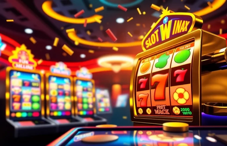 Menggambarkan pengalaman bermain slot maxwin dengan mesin slot digital yang berwarna-warni dan penuh energi.