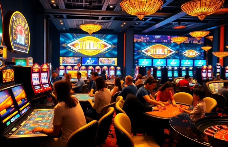 Engaged gamblers playing JILI slots at a luxurious casino with vibrant lighting and excitement.