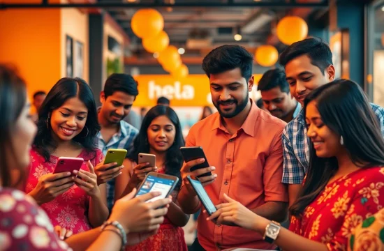 Engaged users browsing Hela Ads on digital devices in a lively Sri Lankan marketplace.