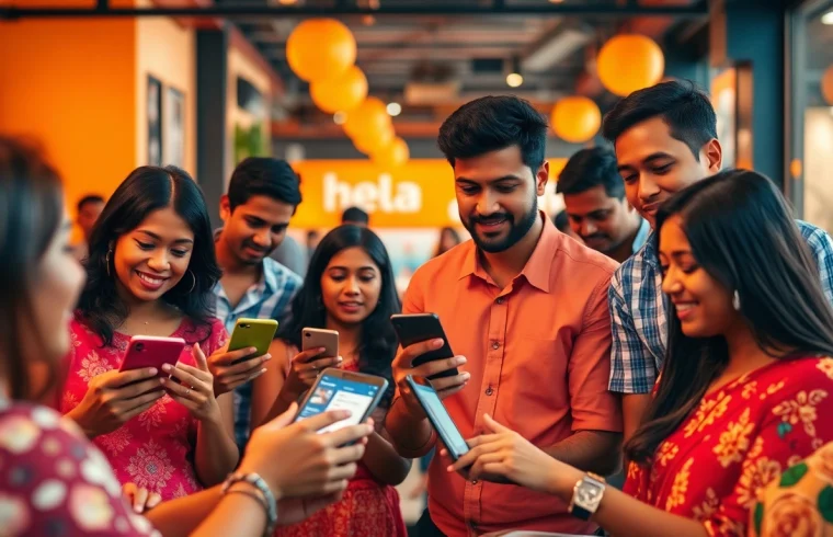 Engaged users browsing Hela Ads on digital devices in a lively Sri Lankan marketplace.