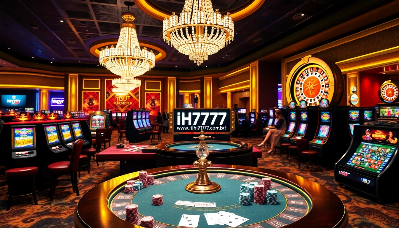 Experience high-stakes gaming at https://ih7777.com.br/, showcasing vibrant casino action with tables and slot machines.