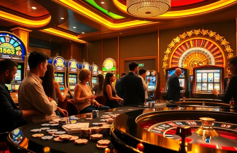 Pemain menikmati sensasi Birutoto pada mesin slot berwarna-warni di kasino yang hidup.