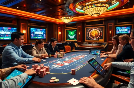 Engaging scene of players at a poker table, demonstrating strategies in NHÀ CÁI MM88 with vibrant casino elements.