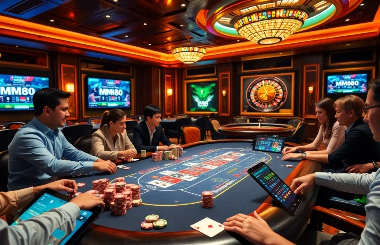 Engaging scene of players at a poker table, demonstrating strategies in NHÀ CÁI MM88 with vibrant casino elements.
