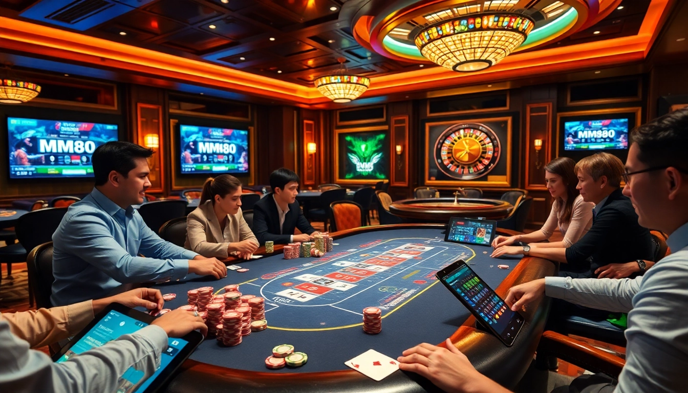Engaging scene of players at a poker table, demonstrating strategies in NHÀ CÁI MM88 with vibrant casino elements.