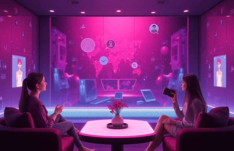 Sexting AI interaction space showcasing vibrant digital interfaces and AI characters for intimate chats.