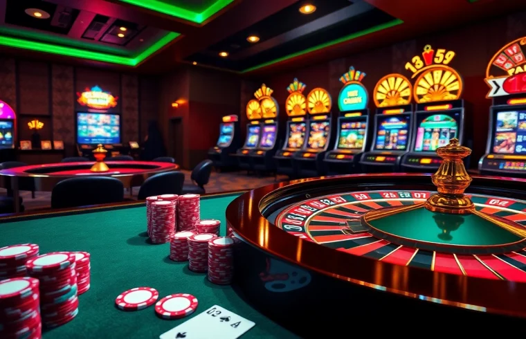 A stunning gaming scene at https://32win.cool/ featuring vibrant casino tables, poker chips, and glowing slot machines.