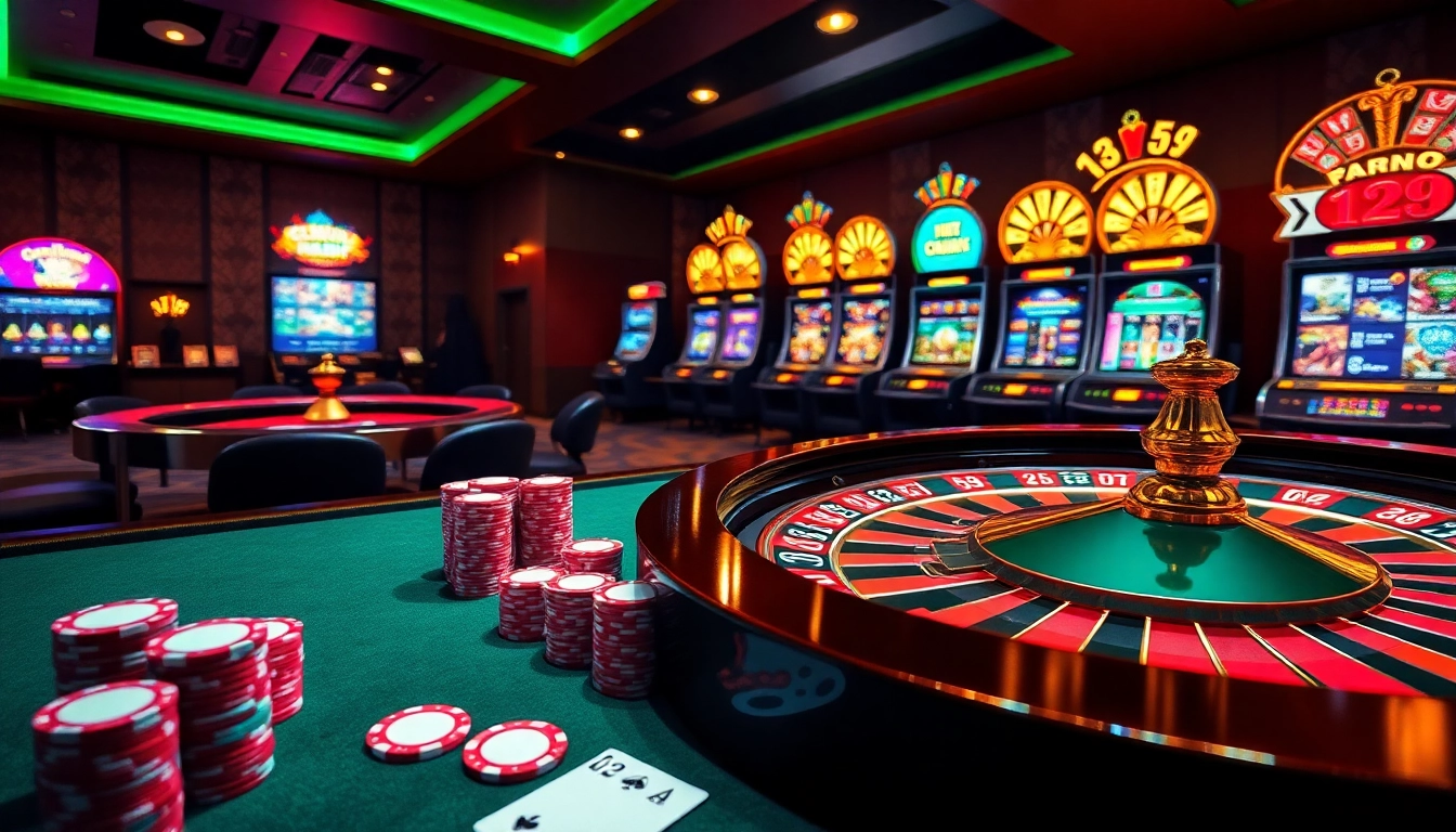 A stunning gaming scene at https://32win.cool/ featuring vibrant casino tables, poker chips, and glowing slot machines.