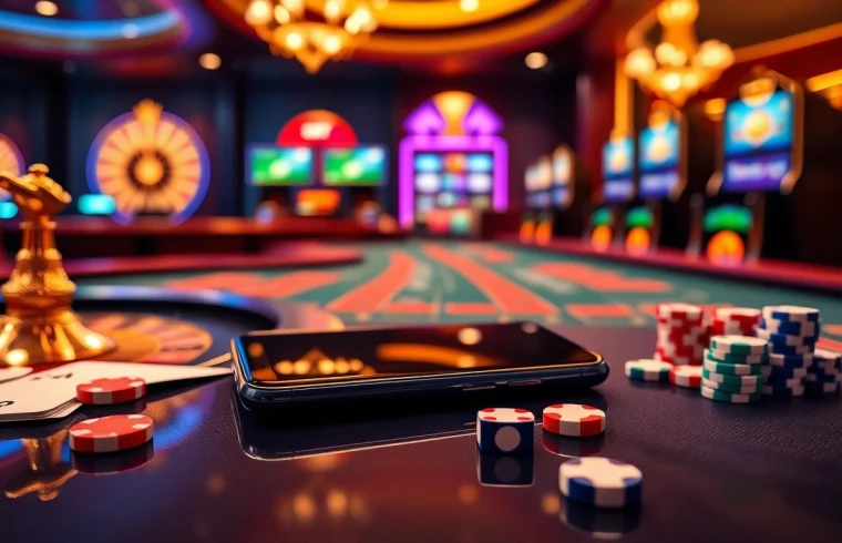 S8 smartphone highlighted on a luxurious casino table with vibrant gambling elements.