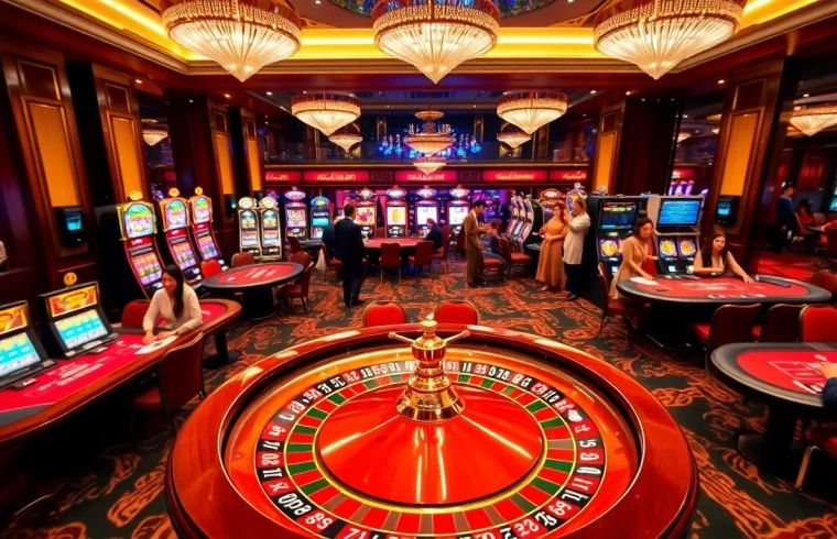 Kubet casino atmosphere featuring players at roulette and poker tables in an elegant setting.