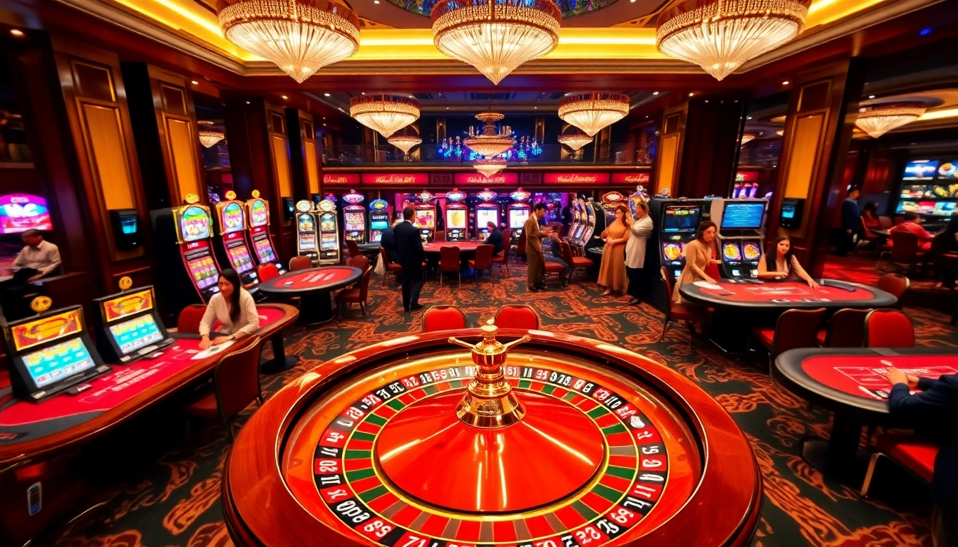 Kubet casino atmosphere featuring players at roulette and poker tables in an elegant setting.