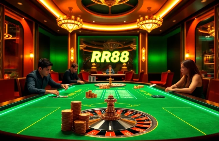 Experience RR88 Đăng nhập with an engaging online gambling interface featuring a poker table and roulette wheel.