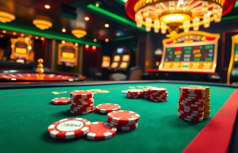 Vibrant 789bet poker scene with colorful chips and cards in a luxurious casino setting.