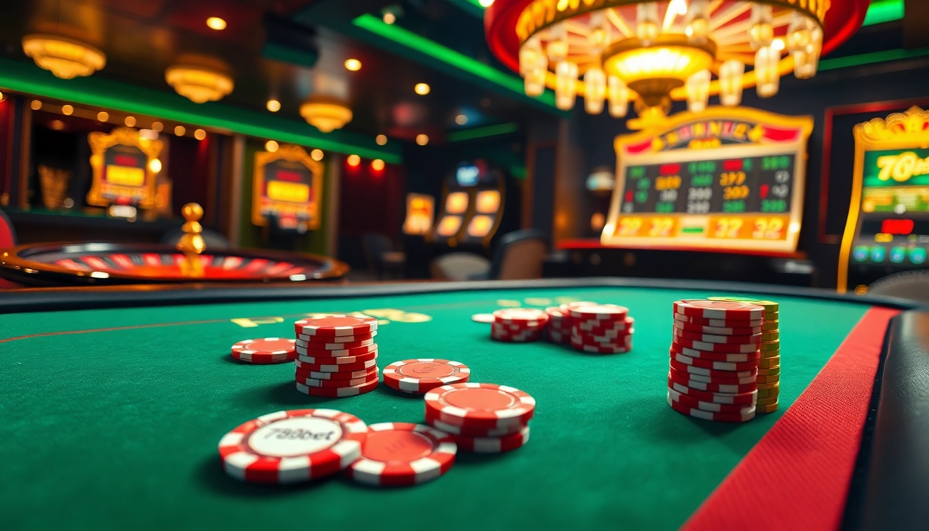 Vibrant 789bet poker scene with colorful chips and cards in a luxurious casino setting.