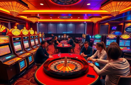 Experience the excitement of new88 with players enjoying a lively casino atmosphere featuring poker and slot machines.