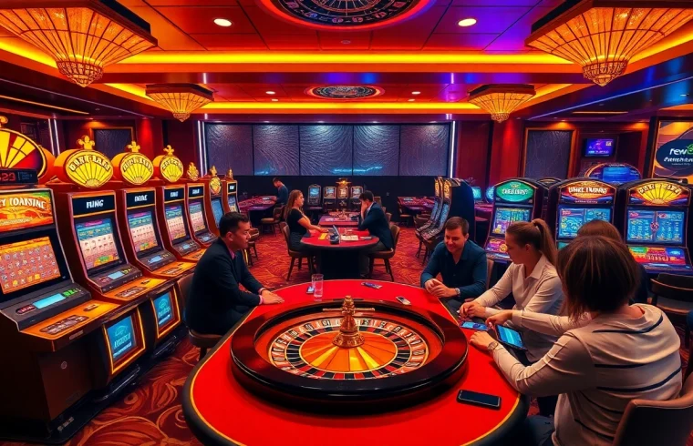 Experience the excitement of new88 with players enjoying a lively casino atmosphere featuring poker and slot machines.