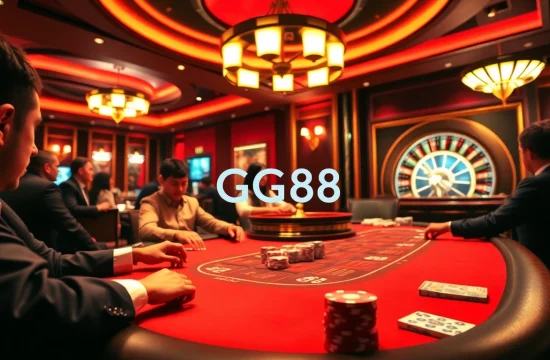 High-stakes poker action at GG88's luxurious casino table with chips and players.