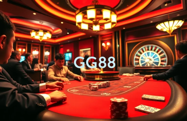 High-stakes poker action at GG88's luxurious casino table with chips and players.