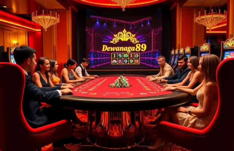 Rasakan sensasi slot dewanaga89 di dalam adegan kasino yang hidup dengan pemain elegan dan suasana mewah.